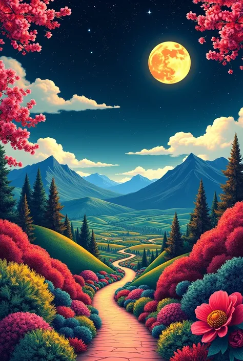 A beautiful landscape that represents Peru in the center of everything, space with stars and the moon, Cherry blossoms in the corners a little and make it collage-like, mountains in the distance pop art style 