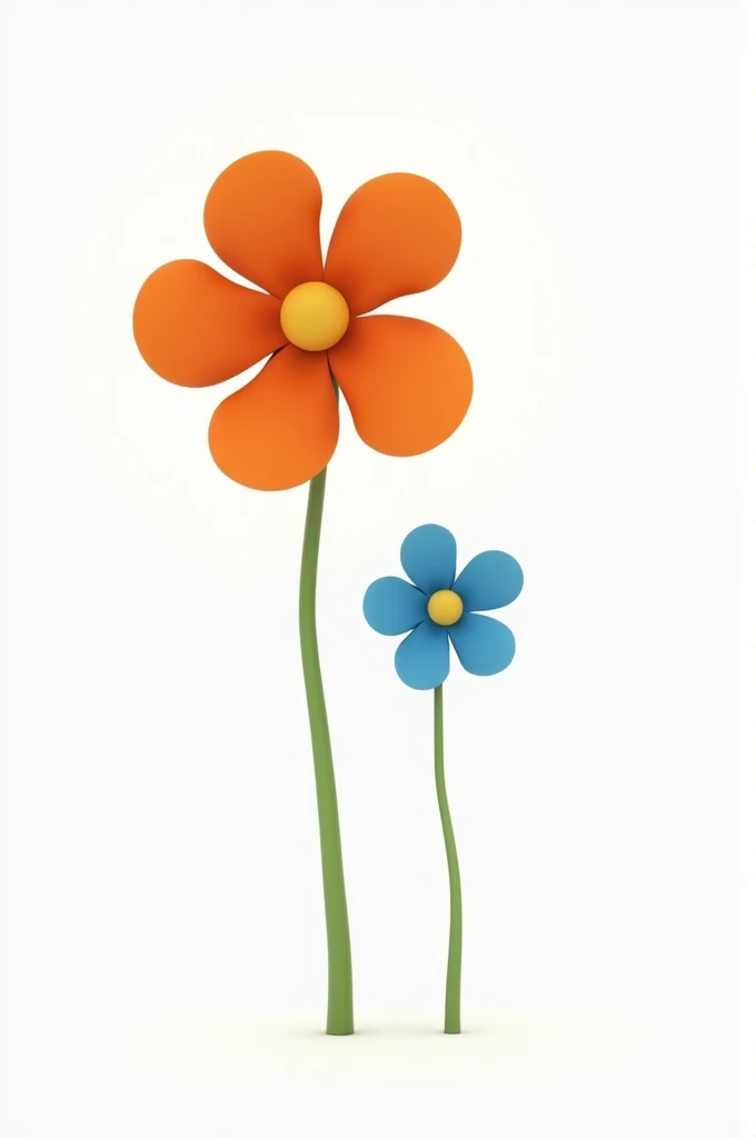 generates an image with two animated flowers, one small and one large (without eyes)(WITH WHITE BACKGROUND) The big one in orange and the little one in blue color take your eyes off and are more lively without a face, the stem is the same color as the flow...