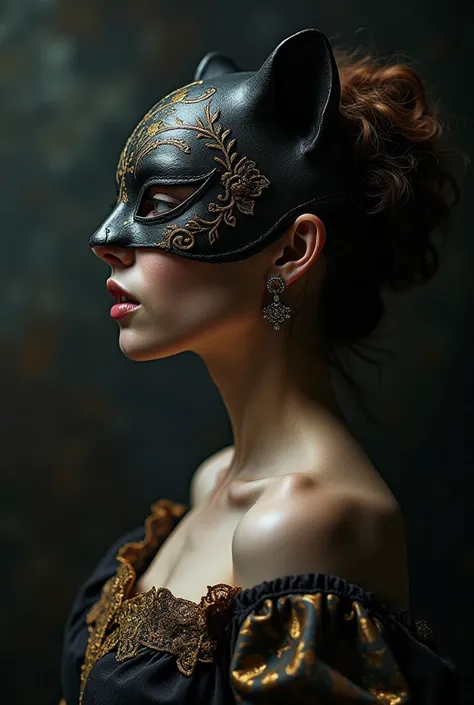 Woman&#39;s face in profile with baroque dress and panther mask 