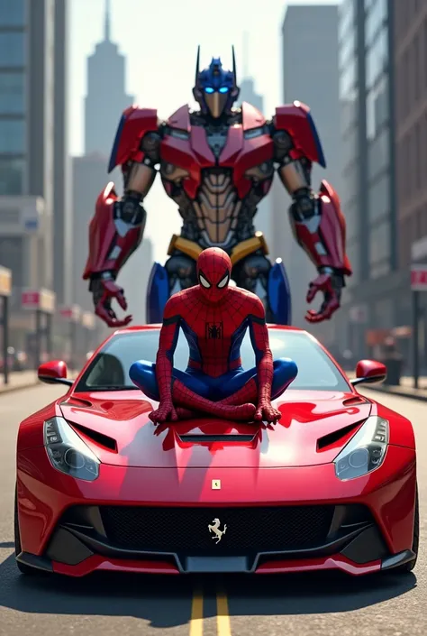 Spider man and tranformer Optimus Pream sitting ferari f12