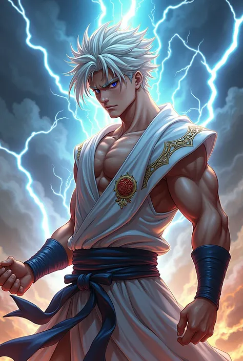 Anime style martial arts god with white hair and lightning power, muscular and short hair