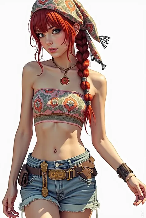 aclose up photograph Portrait of red head women with braided hair, wearing Paisley Print Tassel Trim Bandana Hem Tie Back Strapless Crop Tube, big perfict chest, aged lady around 29 , 40 % body fit
