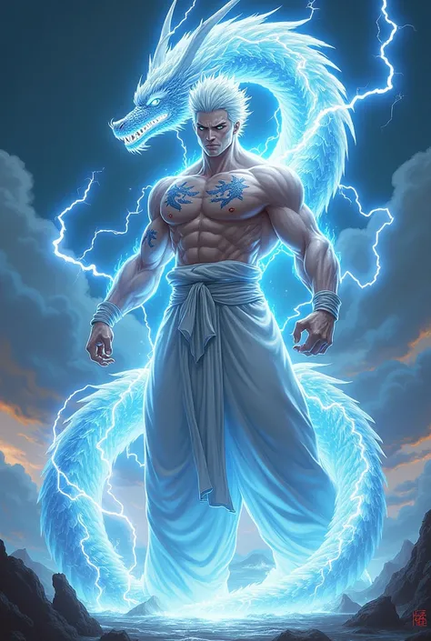 Anime style martial arts god with white hair and lightning power in the form of a very muscular dragon with short hair 