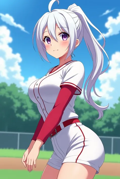 HD、Animation style、white hair、Purple Eyes、girl、High school student、single ponytail、Baseball player、Light color short sleeve baseball team top、Long sleeve red underwear、plump breasts、Good shape、Thin、sash、Sky、cloud、sunny、Baseball field