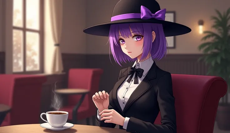 1girl, solo, cafe, black hat with purple stripe, black suit, black skirt, bow on hat, bow tie, purple short hair, purple eyes, cup of hot coffee in hands