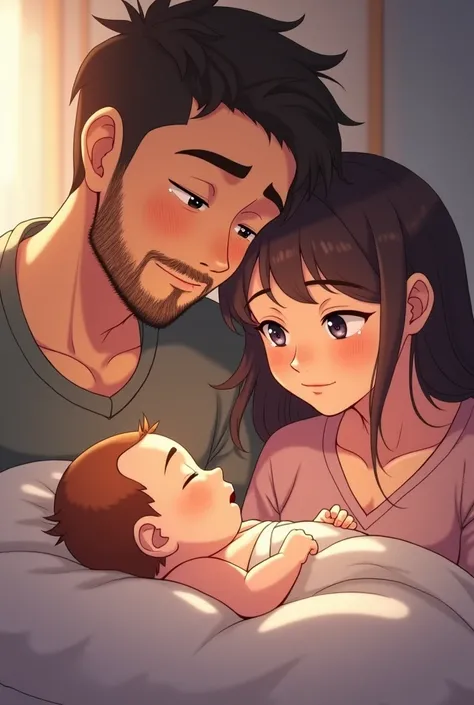 Boy  and girl looking at there new born child with tears of joy in their eyes while smiling and wife is resting her head on her husband shoulder and new born baby is smiling while asleep and boy having beard anime style 