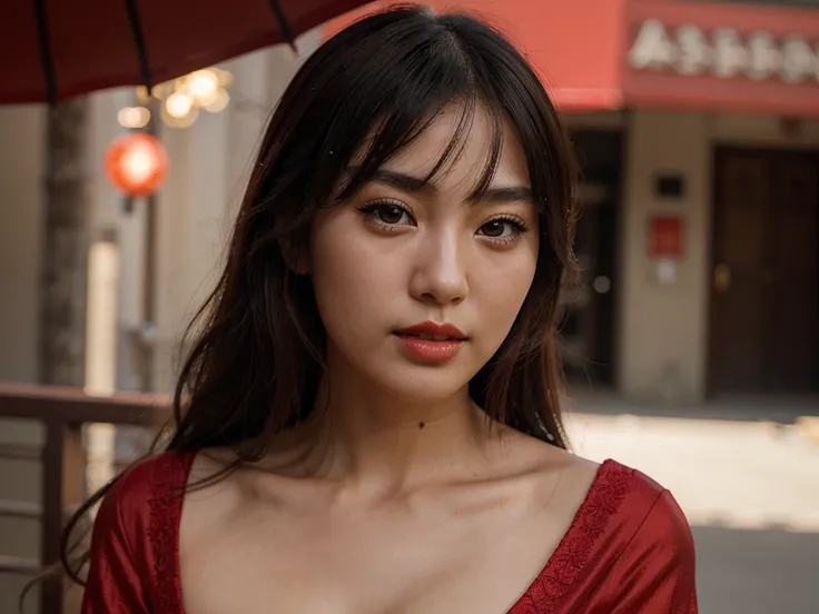 Highly Detailed Beautiful Japanese Girl, Cinematic, Cinematic Light, Realistic, Highly Detailed Face, Highly Detailed, Realistic Appearance, Lifelike, Realistic Girl, Highly Detailed Hair, medium long shot, wearing red dress, wearing red lipstick