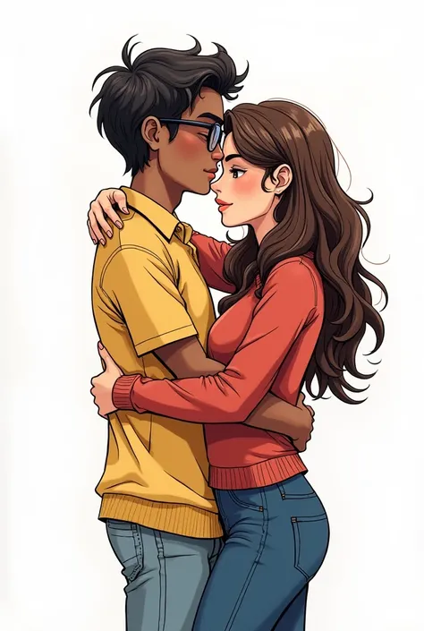 Image with a white background in a colored pen drawing style with a couple kissing.  with dark skin, short dark brown hair and wearing glasses, girl with white skin and long dark brown hair, the highest than the 