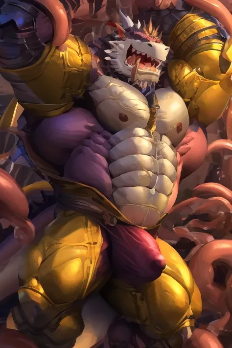 anthro dragon Male, muscular, wearing knight armor, heavy build, strong, wide torso, ahegao expression, tentacles surrounding and restraining him, tentacles melting his armor and clothes, nsfw, uploaded to e621, abs, erection, cum covering, big dick, art b...