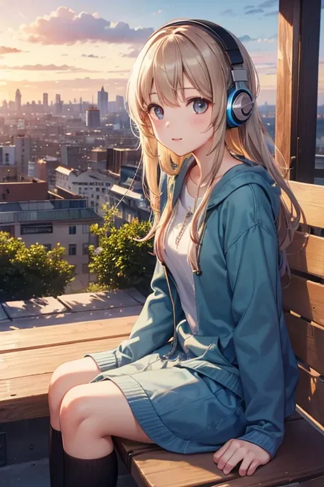 Sitting on a wooden bench、Young woman listening to music through headphones、Perfect Face、very cute、top of the hill、Overlooking the cityscape

