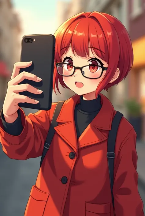 Redhead teen with short hair wears glasses is chubby wears a red coat is taking a selfie 