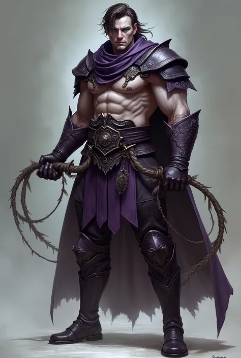 A  warrior man with purple leather clothes, therefore two whips as a weapon, his hair is dark brown and his eyes are heterochromatic, one blue and the other brown, his skin is white