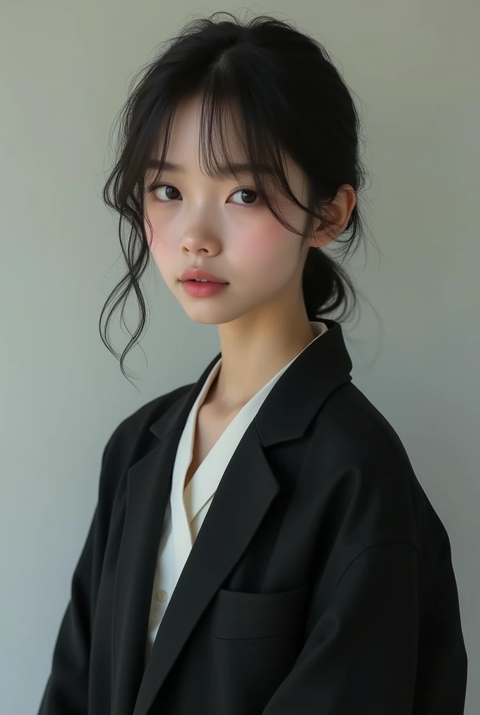 (photorealism:1.2) young asian , delgado , dressed in black Japanese school jacket, on neutral background , Hyper realistic . With a slight smile and sensuality 