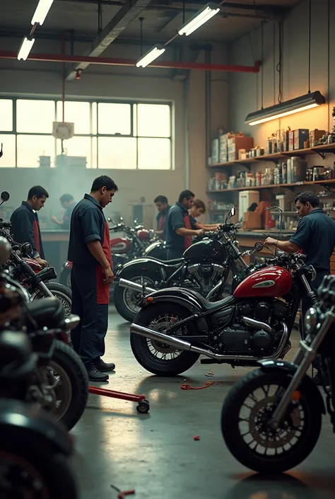 people performing maintenance on popular motorcycles in a realistic workshop
