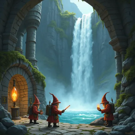 Gnome engineers are repairing the wizard&#39;s lair behind the waterfall.、Dungeons＆Dragons