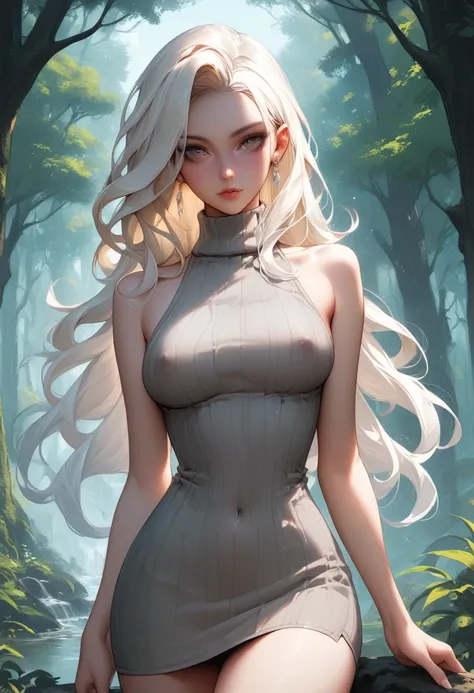 1girl, straight white hair, forest, background ,ruanyi0947, turtleneck sweater,grey dress, covered nipples, bottomless, meme attire, bare arms, bare shoulders, navel, blonde hair,long hair, looking at viewer,score_9,score_8_up,score_7_up,,8k,1girl,solo,,
