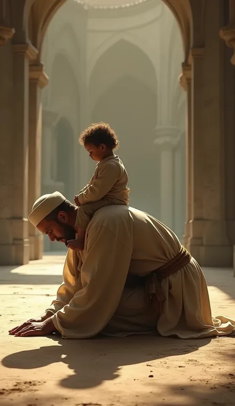 9. A side view of the entire scene, where the Prophet’s extended sujood is shown with the child still sitting on him.