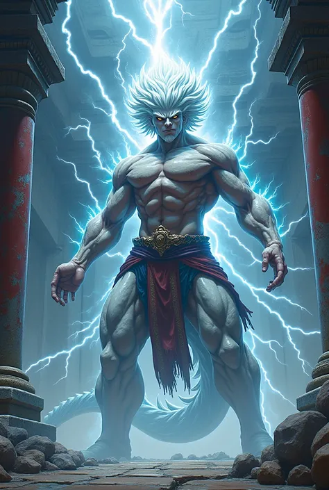 Make a Yugioh God of Martial Arts anime style card with white hair and lightning power in the form of a very muscular dragon with short hair with a temple in the background 