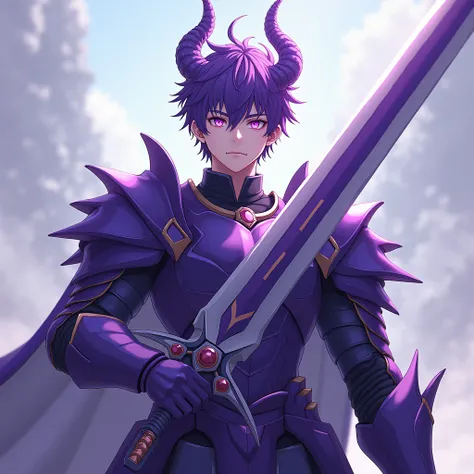 1male, teenager boy, tall teenager boy build, short boy violet hair, violet dragon eyes, tall violet dragon horns on head, violet dragon scales on neck, violet steel armor, zweihander on back, serious calm look, calming pose, closed mouth, camera focus on ...