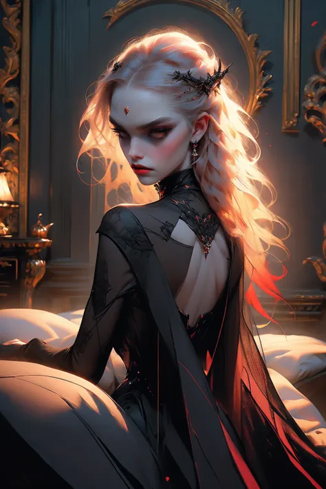 (beautiful vampire woman, pale skin, very long white hair, red golden eyes, black gown, black victorian dress, piercing look, re...