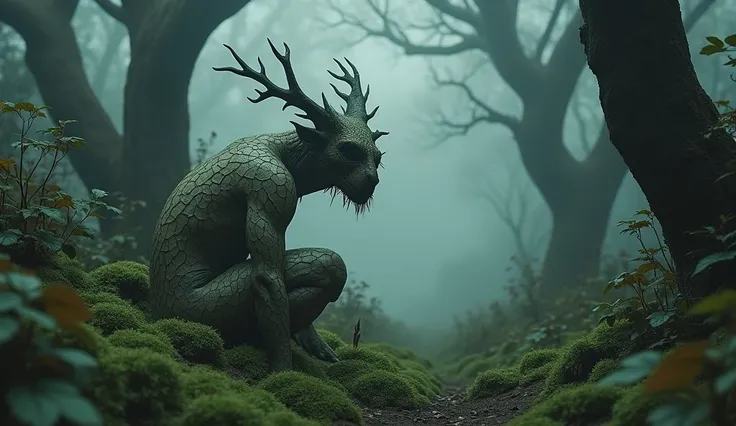 In the heart of the mist-shrouded forest, a hauntingly beautiful scene unfolds. The air is thick with an ethereal fog, weaving between ancient, towering trees whose gnarled branches stretch out like skeletal fingers. The forest floor is cloaked in a soft, ...