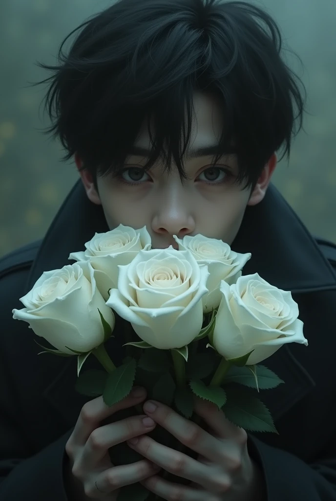 Generate pinterest like aesthetic boy image with a dark aesthetics. Make it blurry with the boy holding a white rose bouquet. And hide his face with the bouquet he is holding 