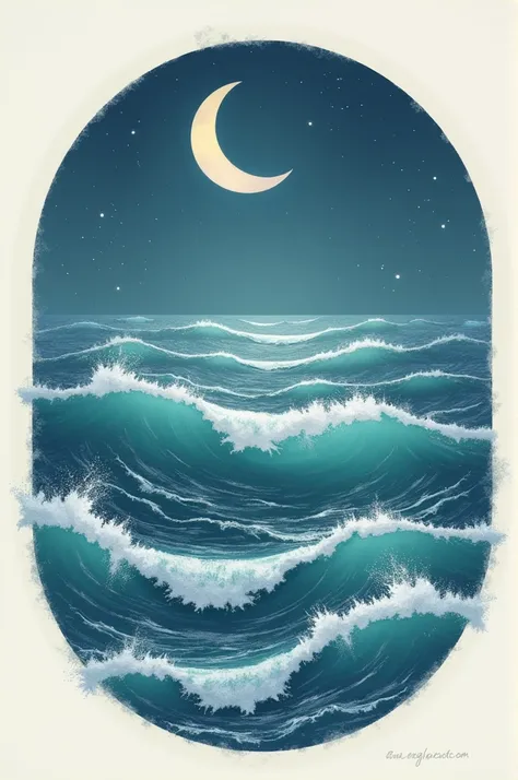 Round logo drawing that says Waves of Dreams with the sea and a moon 