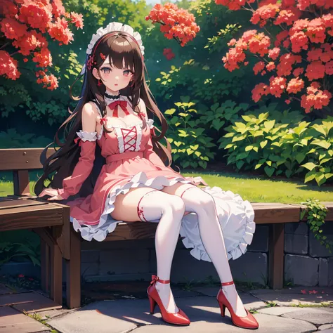 A beautiful girl sitting on a bench in a garden with flowers, anime girl, looking at viewer, garden, maid, pink maid dress, sitting, red heels, thigh highs, cleavage, big rounds breasts, maid apron, dark brown hair, long bangs, french braid, hair over shou...