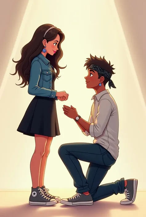 Young couple in love. white woman with pink lips, Long wavy hair, eyes browns, hoop earrings in the ears, black dress above the knee, jeans jacket, Medium Grey All Star Sneakers. black man with short hair and shaved sides, using bandana, diamond earrings i...