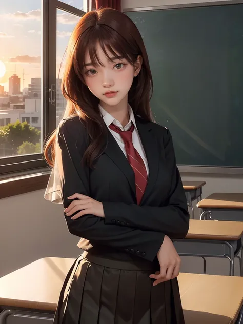 (8k,Photorealistic, masutepiece, Best Quality, Raw photo:1.3)、1woman in, 25years old,Solo,school girl, Long hair, Brown hair, Detailed beautiful face, alluring face, (Detailed beautiful brown eyes:1.2), medium breasts,(loose suit, sheer Skirt :1.35), ( Per...