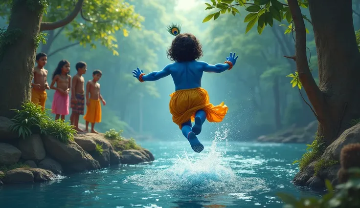 Krishna Leaping into the River**:
   "A vivid scene of young Krishna leaping off a tall tree into the Yamuna River. Krishna, a small child with blue skin, a peacock feather crown, and a bright yellow dhoti, is mid-air as he dives fearlessly toward the wate...