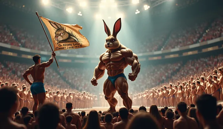 Rocky Rabbit with a six-pack body and a very tall figure in the Olympia competition on the platform in the middle of 50 bodybuilding athletes, and the audience cheered her standing with a flag with a picture of Rocky Rabbit in her hand.