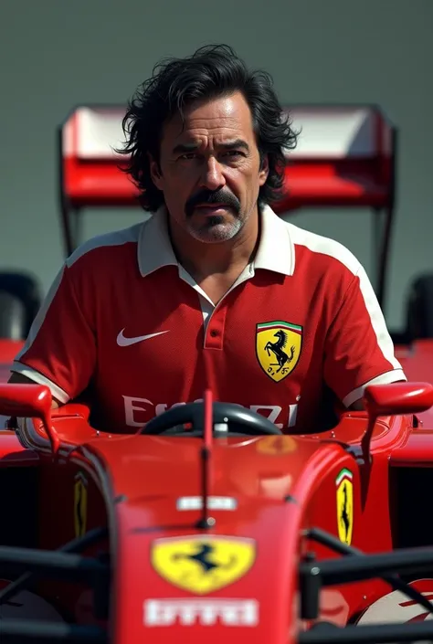 Create an image of vagner moura, Pablo Escobar wearing a São Paulo shirt in a Formula 1 Ferrari