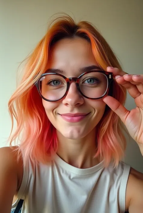 Red-haired woman with shoulder-length blonde hair wears glasses and is smiling taking selfie 