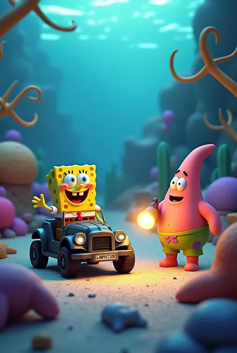 Make me Sponge Bob and Patrick, but Patrick is holding a flashlight and Sponge Bob is looking for the chassis of the car. The license plate of the car has to say &#39;HM INSPECTION&#39; 3D