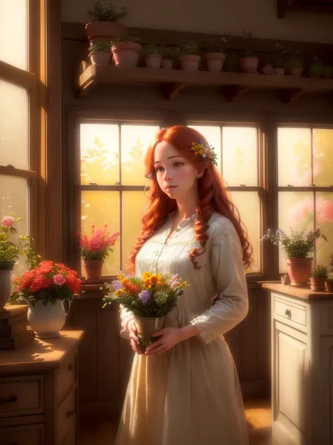 A cozy flower shop, beautiful detailed flower girl with long red hair working there, intricate floral arrangements, warm lighting, wooden shelves, potted plants, vintage decor, soft pastel colors, natural textures, sunlight streaming through windows, peace...