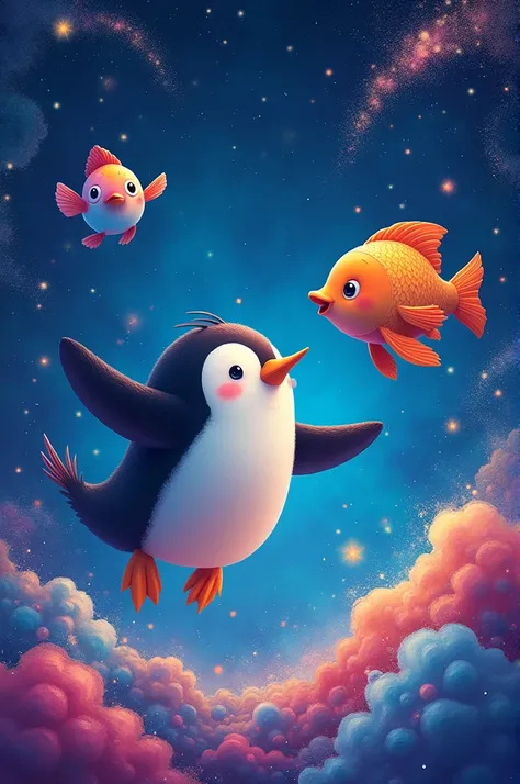 Please give me a phone background picture of colorful outerspace that hace a penguin and 2 fish