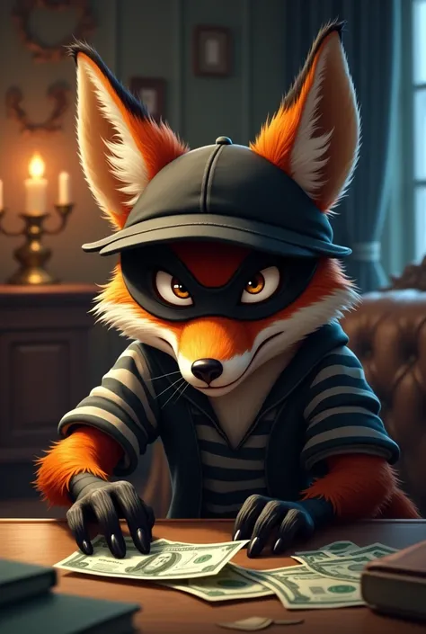 fox dressed as a thief stealing money