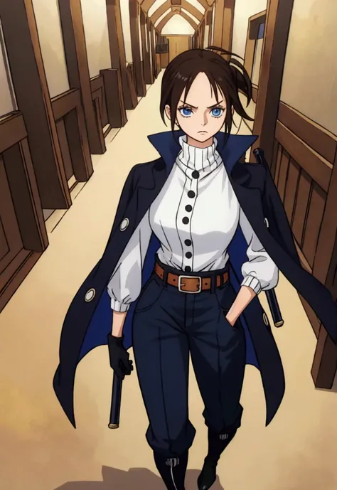 a girl in the one piece style with light brown skin and rebellious navy blue straight medium hair, with wide black pirate style pants, a wide white turtleneck blouse with a part inside the pants and a part outside covering one side of the pants, a coat up ...