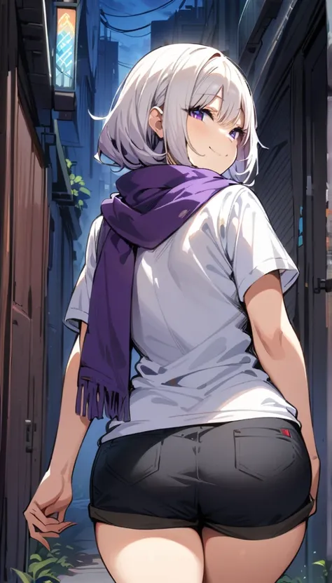 ((Best Quality)), ((masterpiece)), (detailed), 1 girl, long white hair, purple eyes, big ones, muslos big ones, smiling expression, black open sweater, White T-shirt, shorts grises, purple scarf, night city background, cloudy sky, walking down an alley, lo...