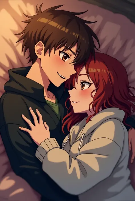 Couple of teenagers sleeping together the boy has brown hair and the girl has long curly hair the boy is wearing a black jacket and has a lip piercing the girl is chubby the girl has a white jacket and her hair is dark red the boy is a metalhead they are n...