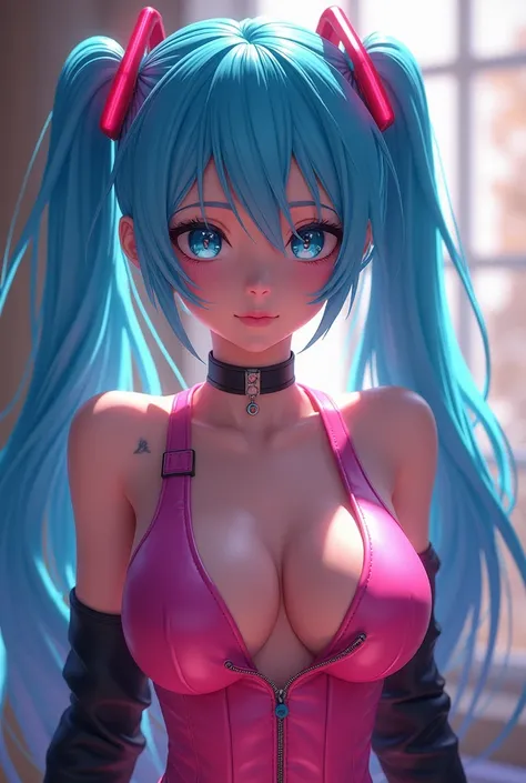 ((Hatsune Miku)), (heavy blushing), ((luminous design)), blue hair, blue eyes, seductive expression, (lewd), (ecchi), multicolored hair, (cyberpunk), (punk), (((((huge tits))))), choker, sexy, submissive, ((natural lighting)), ((photorealistic)), ulzzang, ...