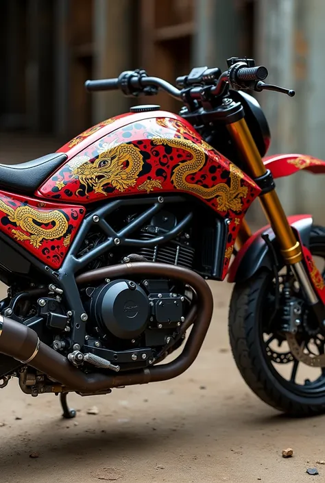 A custom dirt bike with red and black Neo-traditional Japanese tattoos and two golden dragons 
