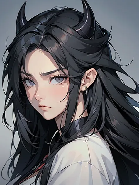 female cadres、enemy characters、cool、big breasts、sad face、crying face、black hair、long hair、hair tip perm、horns growing、pointy ear...