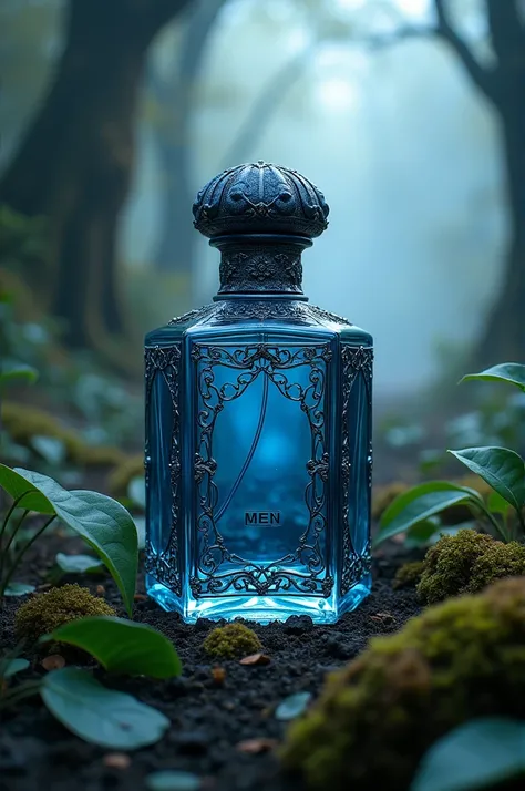 un parfum pour homme à lodeur de myrtille, dorchidée bleue, de lys noire et de bois combiner dans un sublime flacon poser dans un magnifique décor elfique