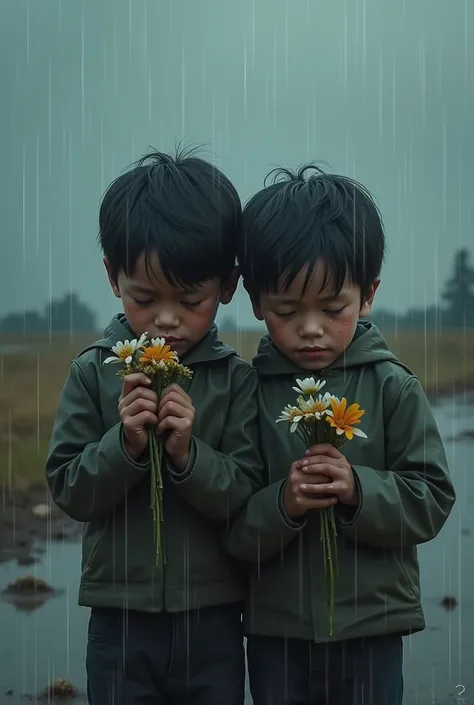 A 2 boy crying in rain with flowers in his hand 