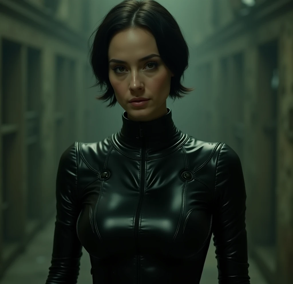 realistic image of a woman in the trinity suit from matrix, shiny black suit, without black glasses, with short hair, and medium breasts. no neckline, full body suit, covered the whole body.