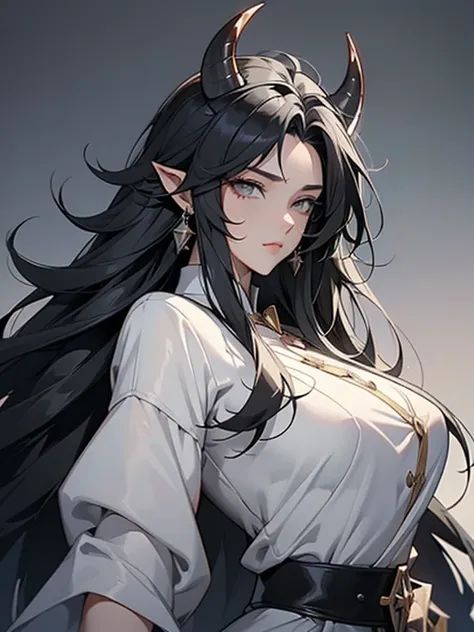 female cadres、enemy characters、cool、big breasts、black hair、long hair、hair tip perm、horns growing、pointy ears、frontview、