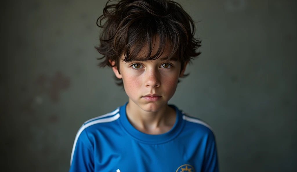 Young Julian with his disheveled hair and white skin and wearing a blue soccer jersey is thinking. 