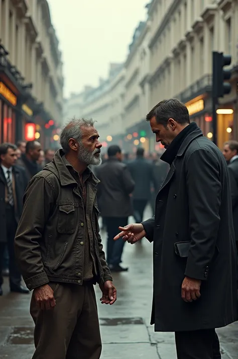 a poor arab guy begging to a rich american man in front of many people in streets of london 